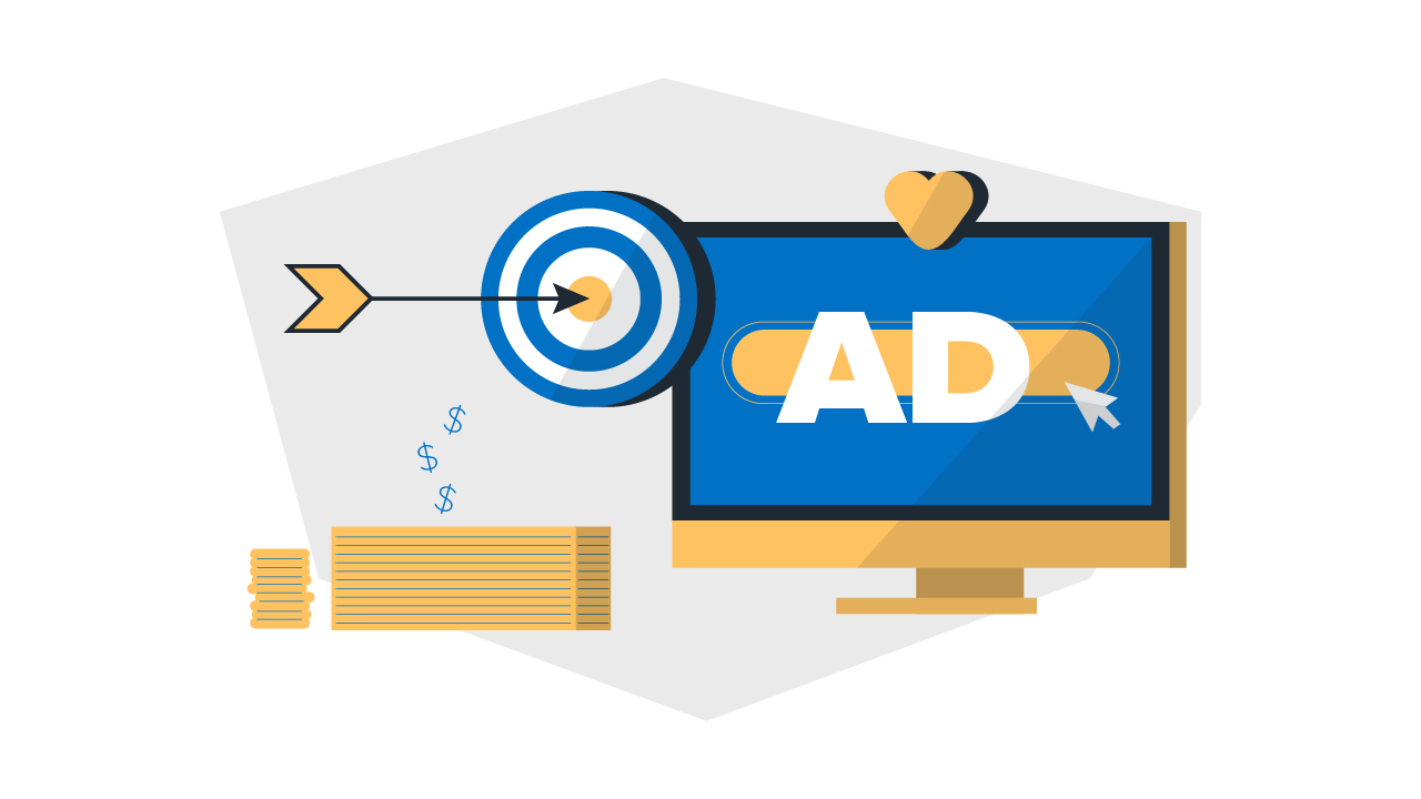 Arrow in a bull's-eye and a monitor with "AD" on the screen