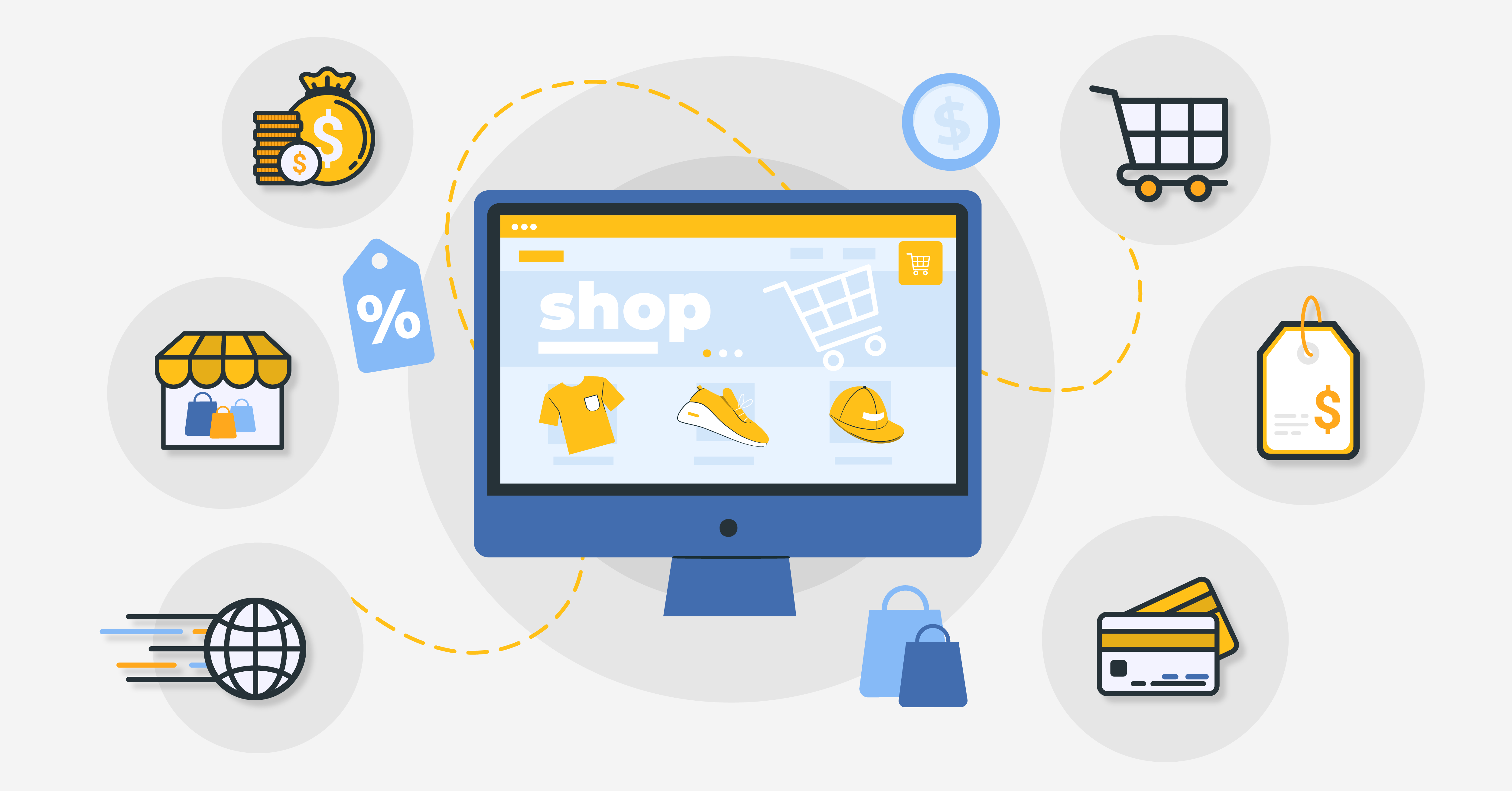 an ecommerce shop on a computer screen surrounded by shopping icons