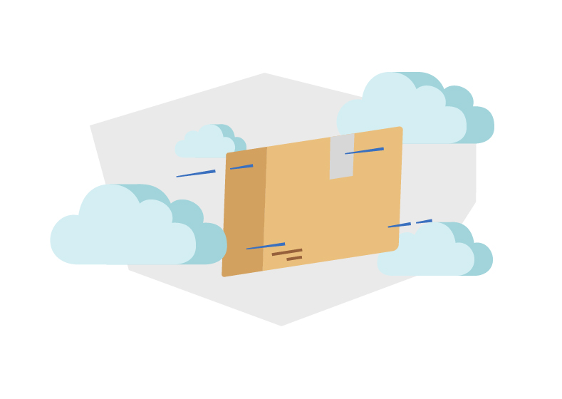 a box flying fast through the clouds