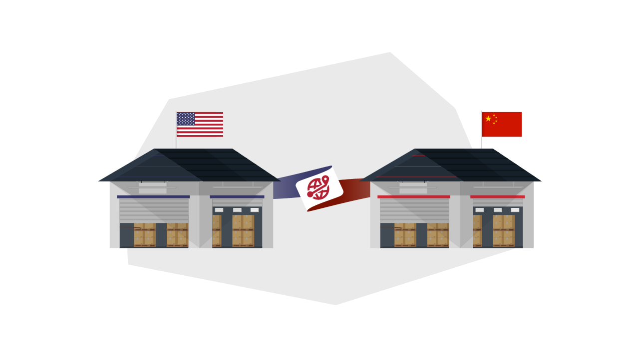 a warehouse with a USA flag beside a warehouse with a china flag