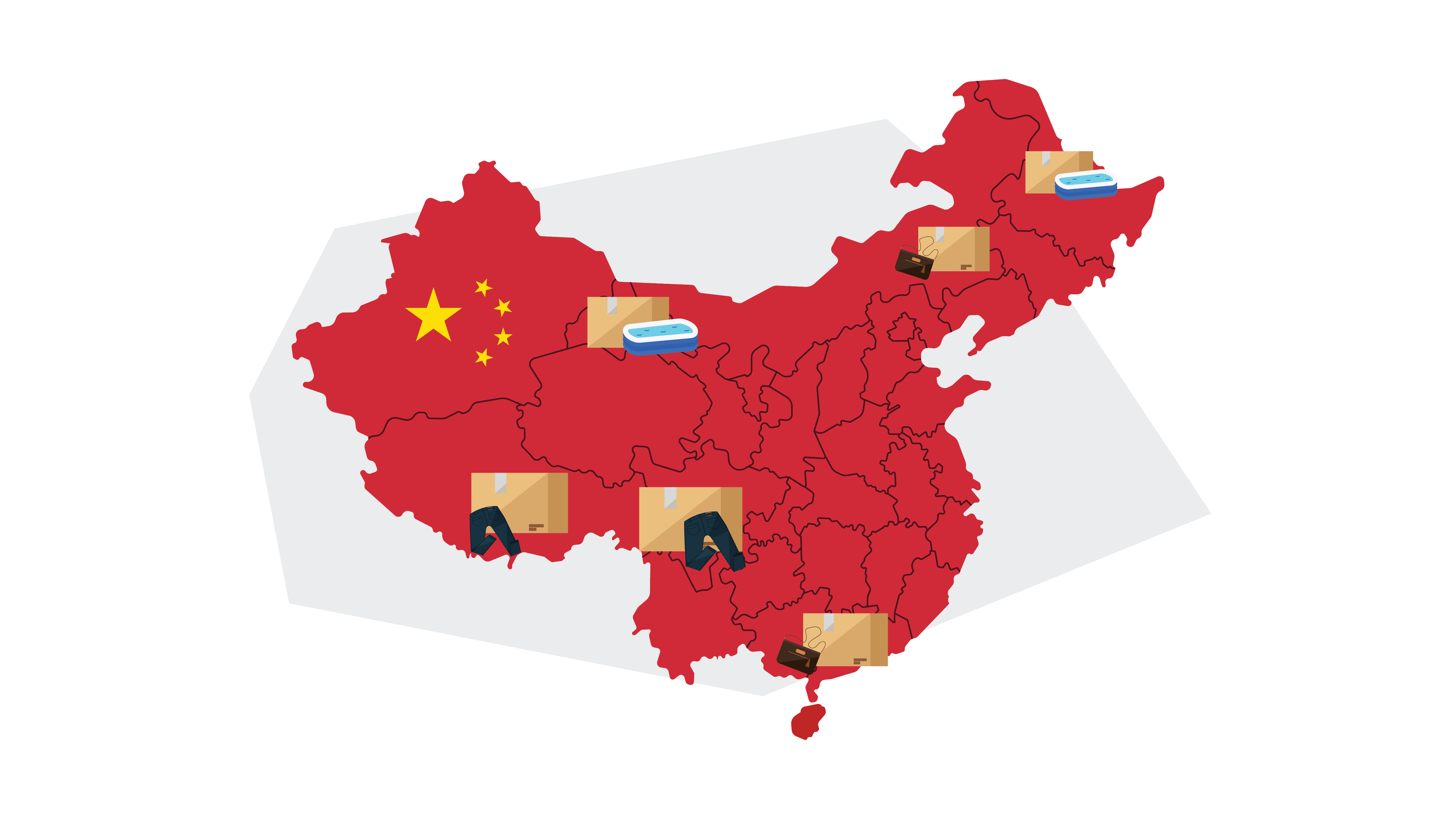 a map of china with boxes marking manufacturing hubs