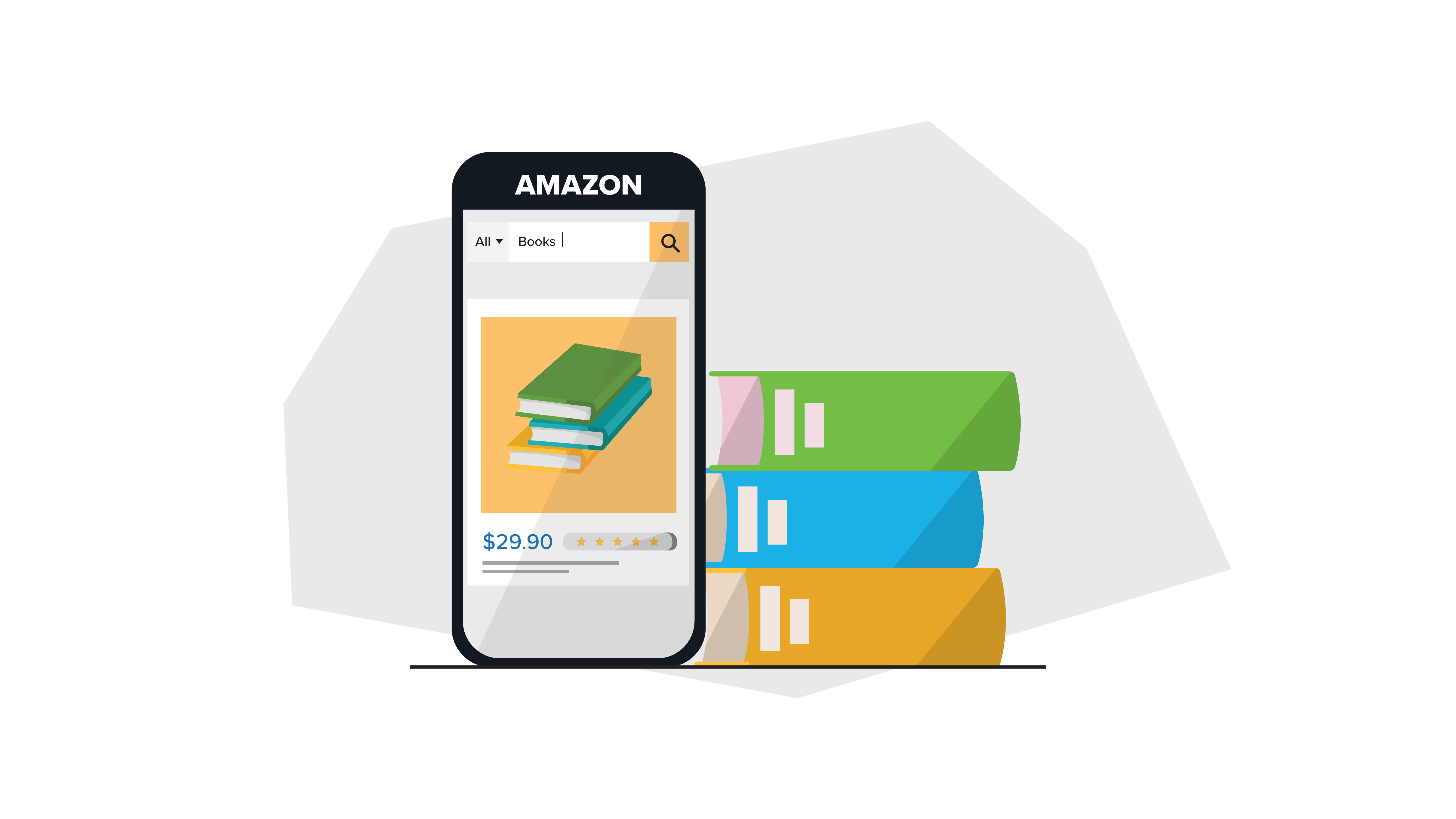 a book on amazon displayed on a mobile phone next to a stack of books