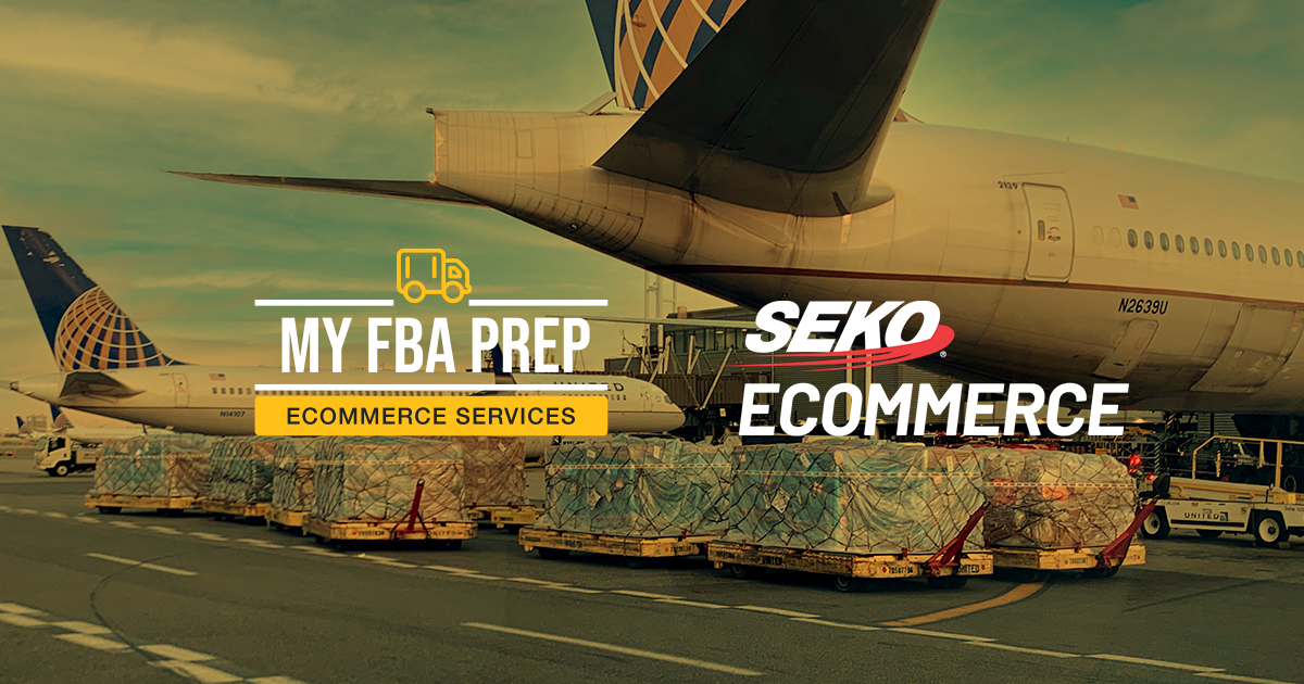 a MyFBAPrep logo and a SEKO ecommerce logo on an image of an airplane