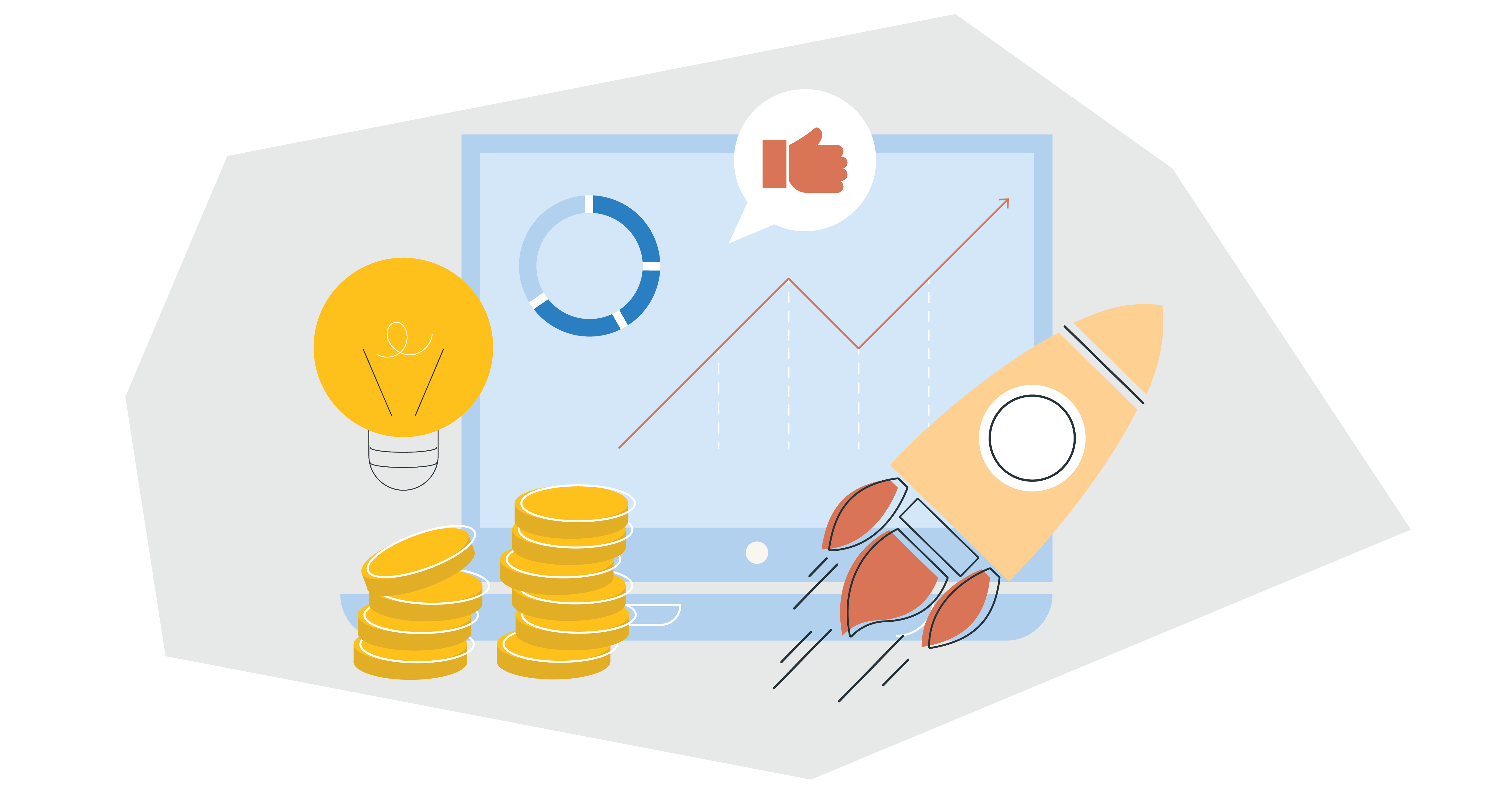 a chart with an upward trending line and a rocket ship next to a stack of coins