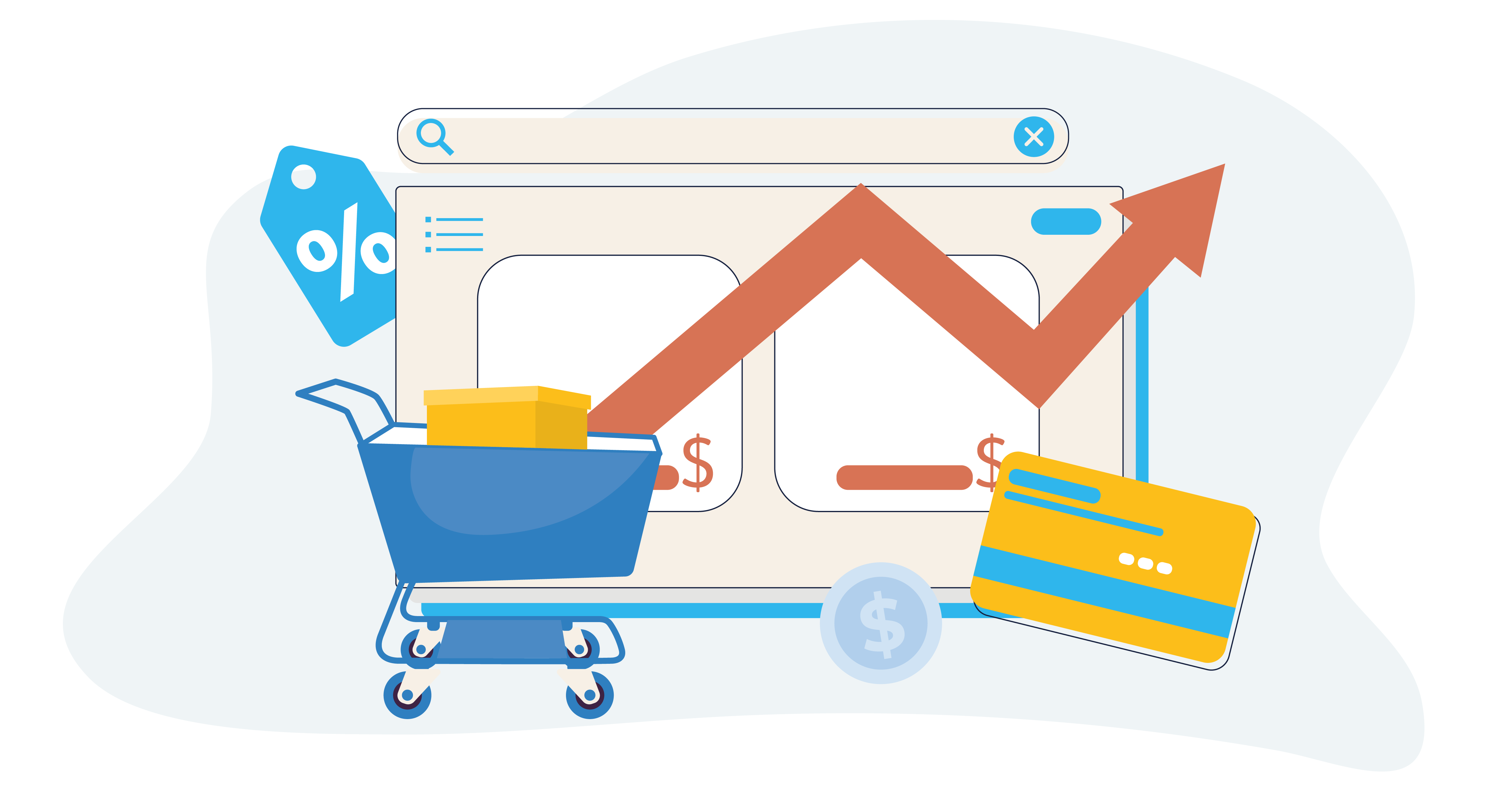 a shopping cart, credit card, and a web browser with an upward trending graph