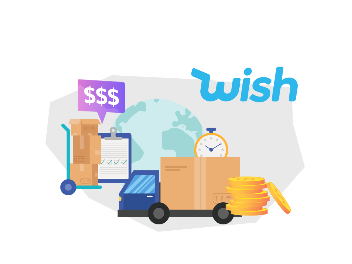 a wish logo and a stack of boxes on a dolly