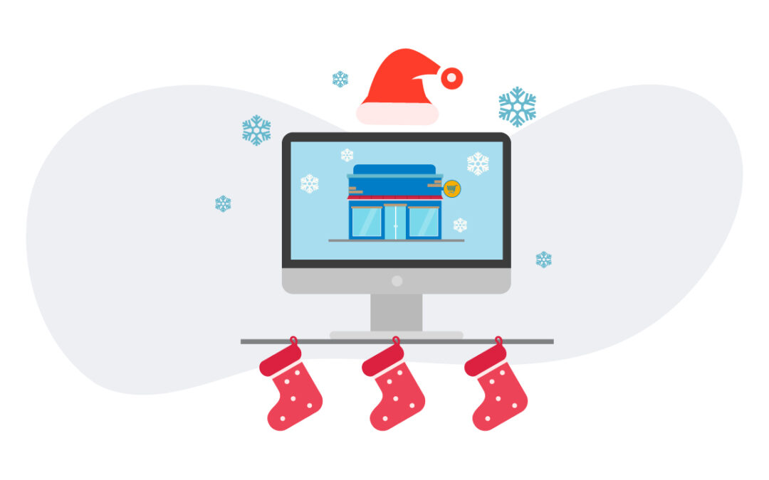 An storefront in a monitor with snowflakes, stockings, and santa clause cap