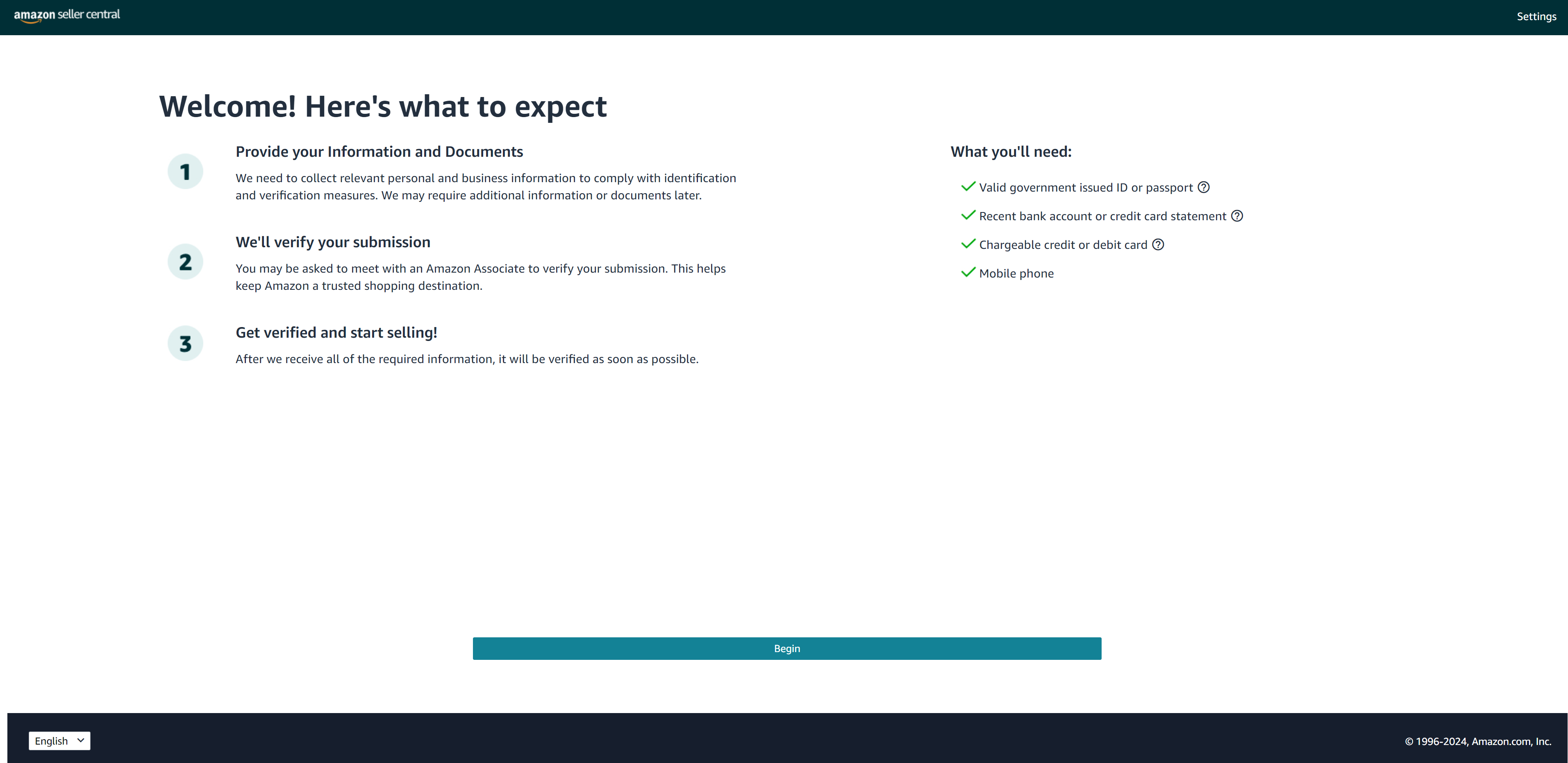 Amazon 3P seller account sign-up page