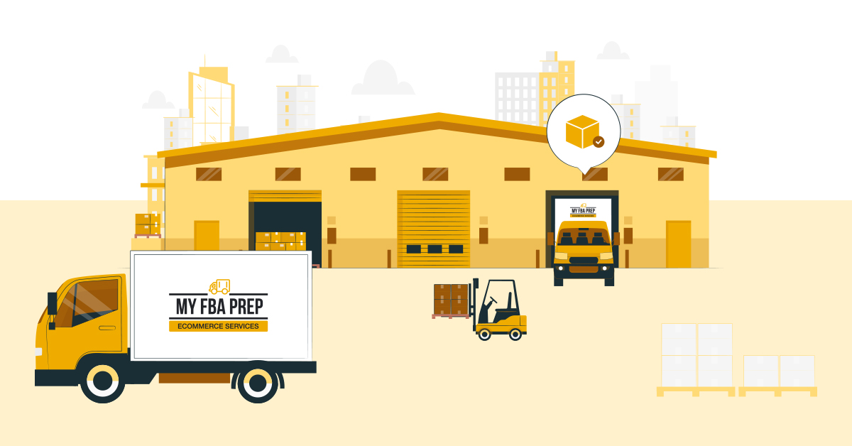 MyFBAPrep warehouse with trucks loading and leaving