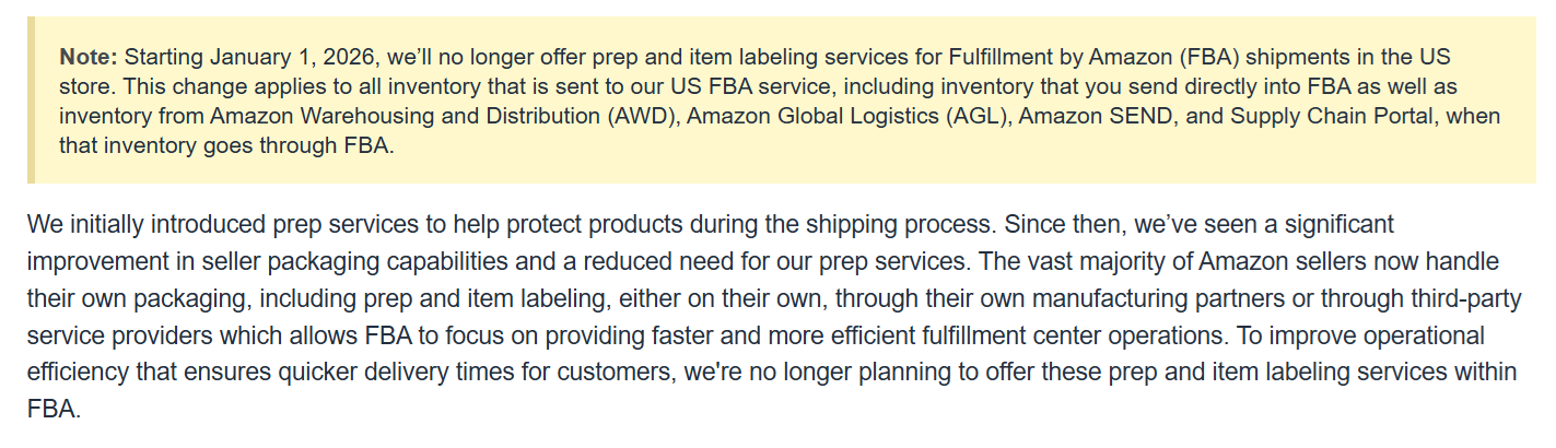 Amazon's announcement that they will no longer handle FBA prep for sellers